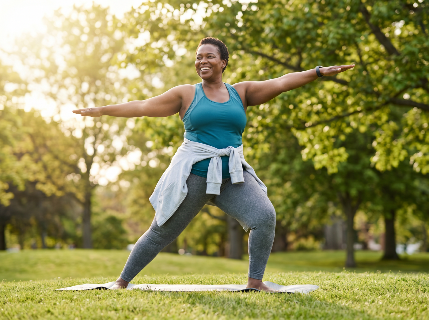 Member practicing yoga outdoors as part of her wellness journey