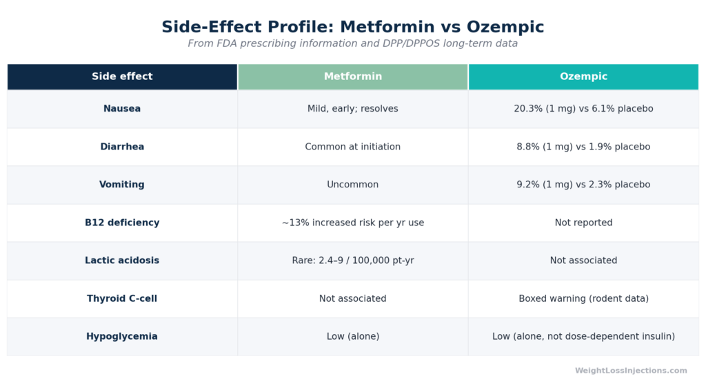 Side-by-side comparison of metformin and Ozempic side effect profiles including GI rates, B12 deficiency risk, lactic acidosis incidence, and thyroid warning