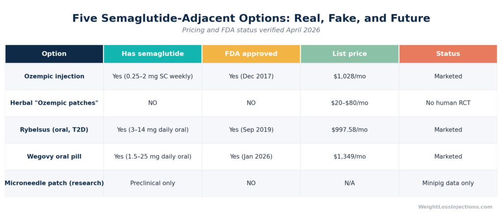 Pricing and availability comparison table for five semaglutide delivery options: Ozempic injection ($1,028/mo list, $199 NovoCare intro), herbal patches (no semaglutide, no FDA approval, no evidence), Rybelsus ($997.58/mo), Wegovy oral pill ($149–$299 NovoCare), and microneedle patch (preclinical research only, not available).