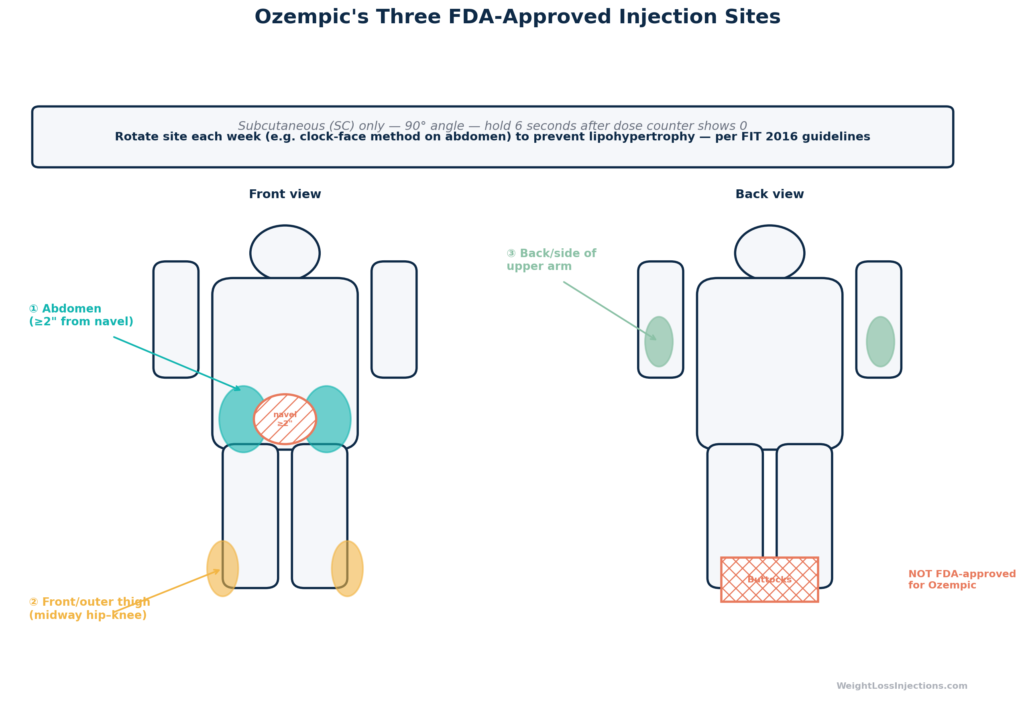 Body diagram showing three FDA-approved Ozempic injection sites, abdomen at least 2 inches from the navel, front and outer upper thigh midway between hip and knee, and back of the upper arm, with rotation clock overlay and a warning that the buttocks are not an approved site