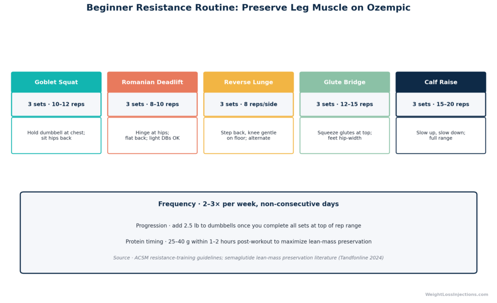 Flowchart showing three parallel prevention and treatment tracks for Ozempic legs: skin laxity management via hydration and topical care, lean mass preservation via protein and resistance training, and telehealth-managed titration pacing, all converging to improved body composition outcomes.