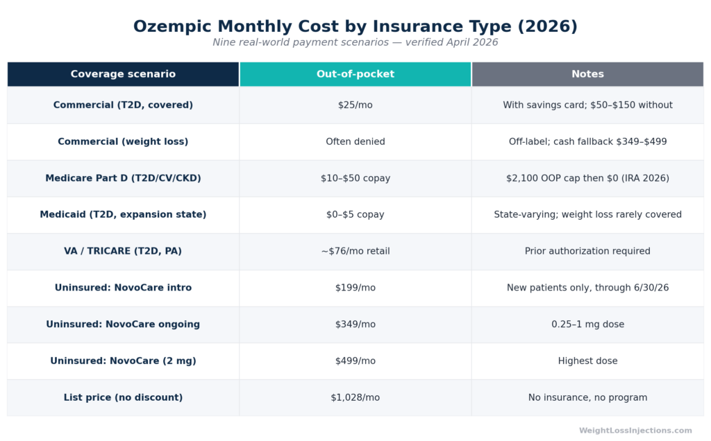 Table showing Ozempic monthly out-of-pocket cost across nine insurance and payment scenarios in 2026, ranging from $0 after Medicare OOP cap to $1,028 list price.