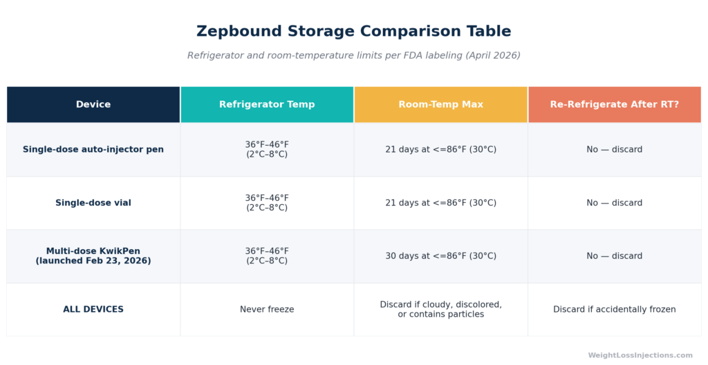 Table comparing Zepbound storage rules for the single-dose pen, single-dose vial, and multi-dose KwikPen, showing refrigerator temperature range and maximum days at room temperature for each device.