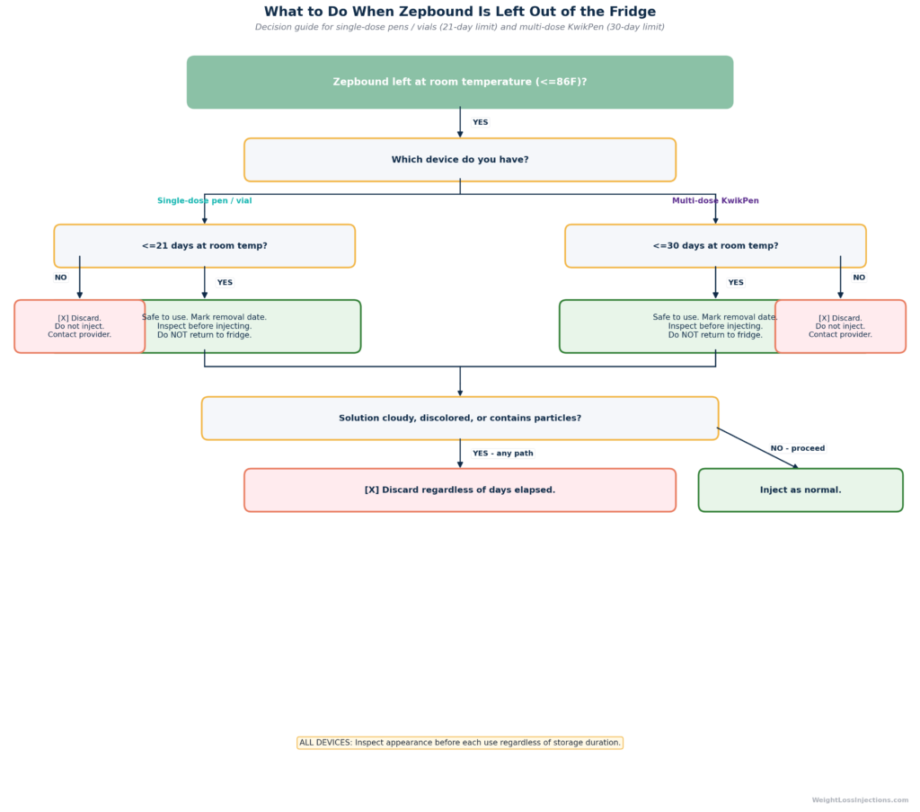 Flowchart showing what to do when Zepbound is accidentally left out of the refrigerator, with decision branches for single-dose pens and vials (21-day limit) versus multi-dose KwikPen (30-day limit), plus appearance-check guidance