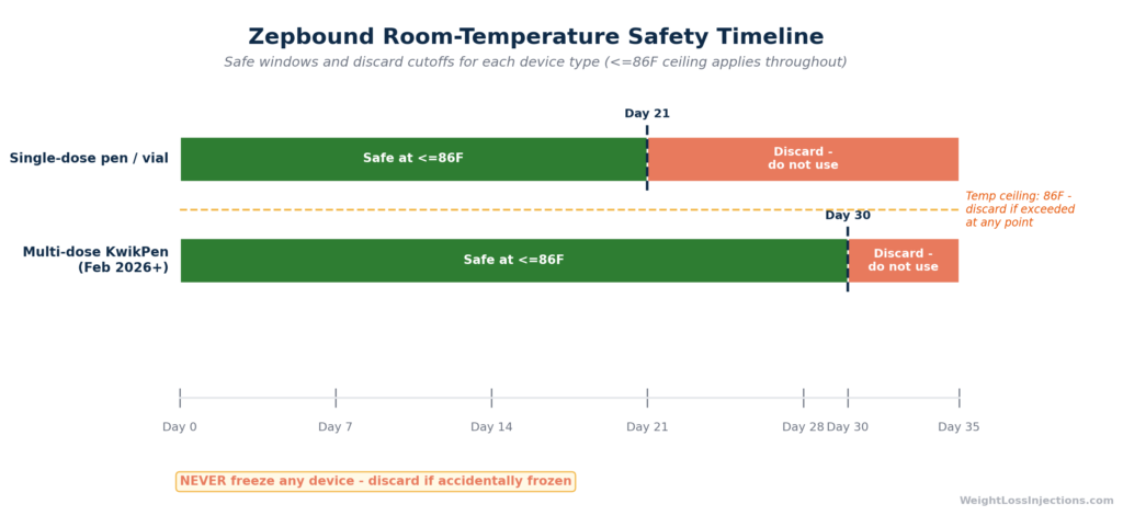 Timeline graphic showing safe room-temperature storage windows for Zepbound: green zone for days 0–21 for single-dose pens and vials, green zone for days 0–30 for the multi-dose KwikPen, with red discard zones after those cutoffs and a shared 86°F temperature ceiling.
