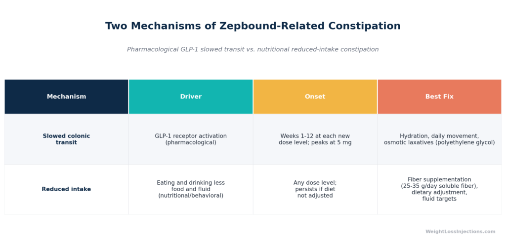 Table comparing the two distinct causes of Zepbound-related constipation: pharmacological GLP-1-mediated slowed colonic transit versus nutritional constipation from reduced food and fluid intake.