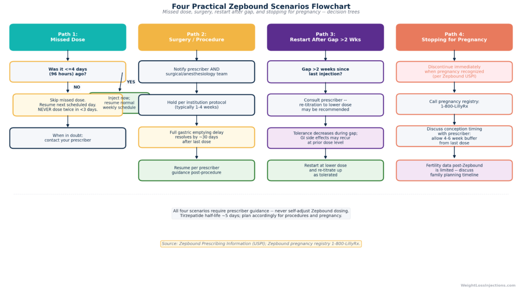 Flowchart showing decision trees for four common Zepbound discontinuation or interruption scenarios: missed dose, surgery, restarting after a gap, and stopping for pregnancy.