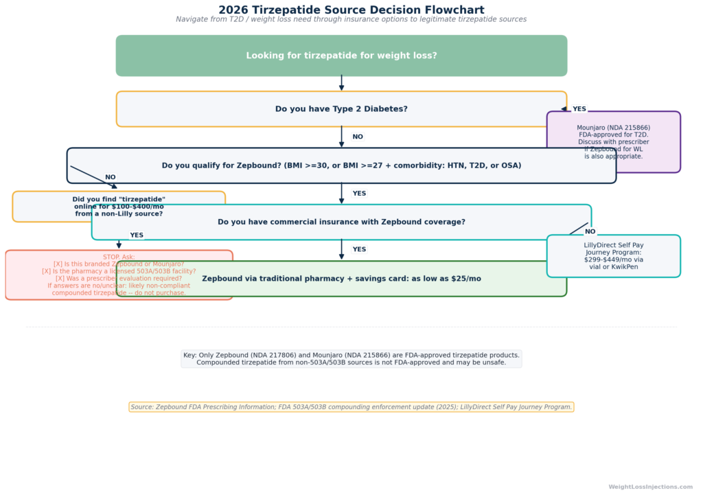 Decision flowchart helping patients navigate to legitimate tirzepatide sources in 2026, branching from T2D versus weight management need through insurance options to LillyDirect, with a warning branch for unverified online tirzepatide sources.