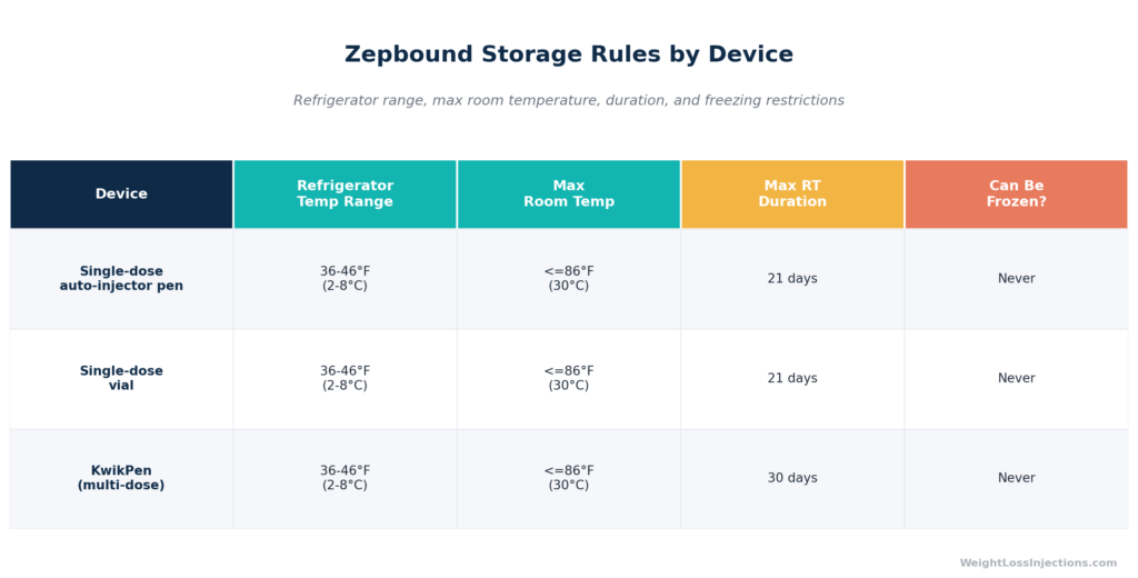 Comparison table of Zepbound storage rules for all three device types — pen, vial, and KwikPen — showing refrigerator temperature range, maximum room temperature, maximum duration at room temperature, and that freezing is never permitted for any device.