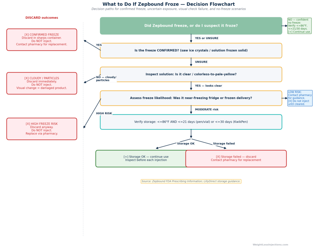 Decision flowchart for Zepbound patients assessing whether to discard or use their medication after potential freeze exposure, with paths for confirmed freeze, uncertain exposure, appearance check failure, and no freeze.