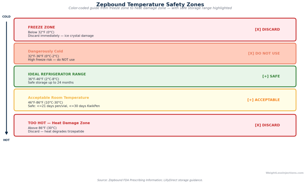Horizontal temperature range diagram for safe Zepbound storage, showing the freeze danger zone below 32°F, ideal refrigerator range 36–46°F, acceptable room-temperature zone up to 86°F, and the too-hot zone above 86°F, with color-coded safety indicators for each zone.