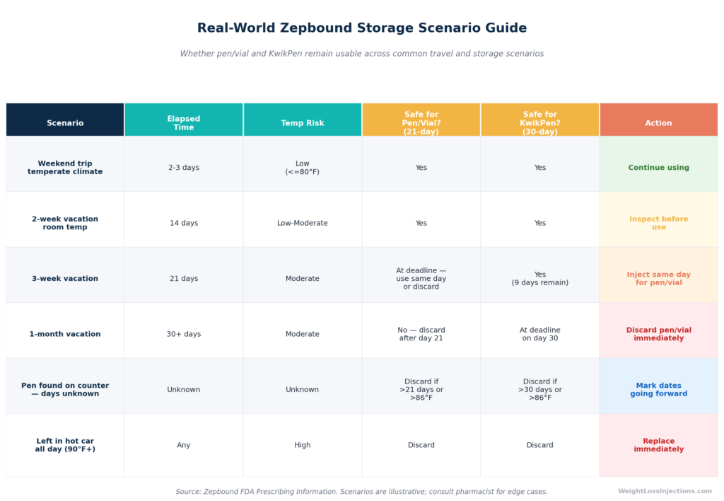 Decision table showing whether Zepbound is still usable across common real-world storage scenarios, including vacations of varying lengths, forgotten pens, and hot car exposure.