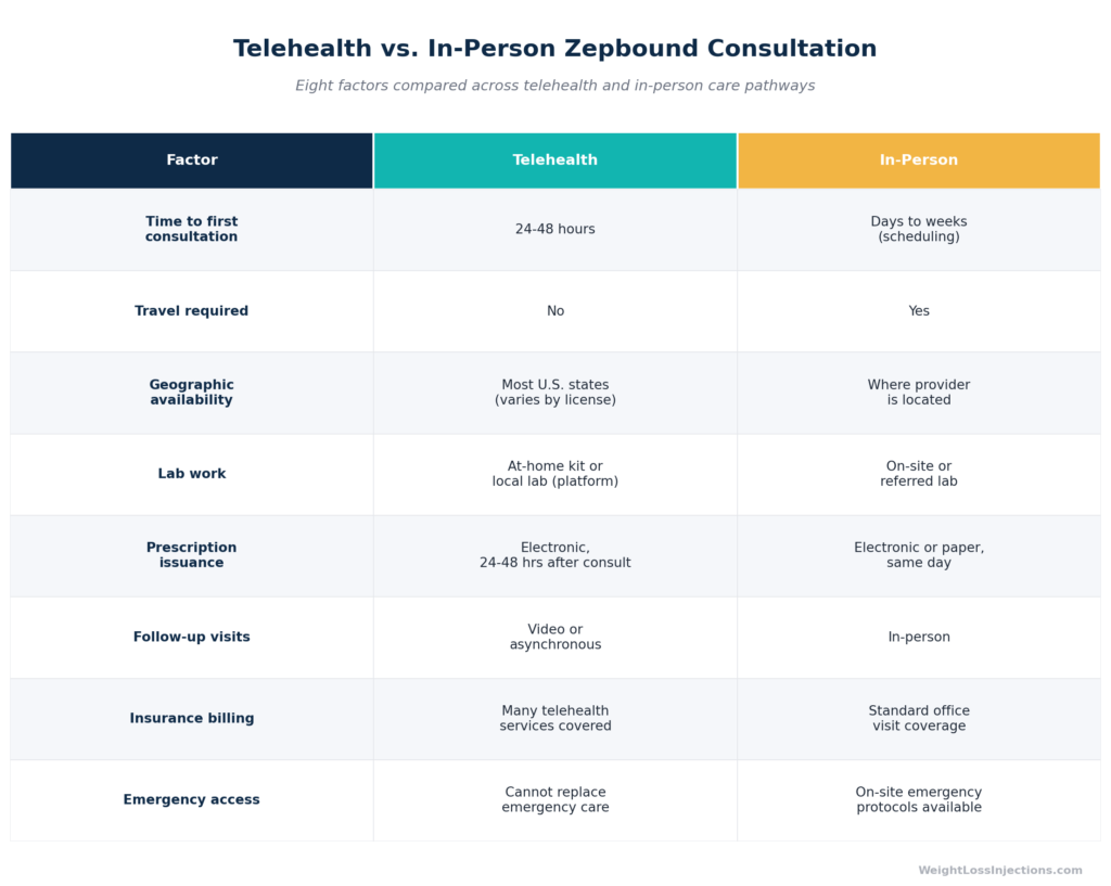 Comparison table of telehealth versus in-person Zepbound consultations across eight factors including time to consultation, travel, geographic availability, lab work, prescription speed, and follow-up format.