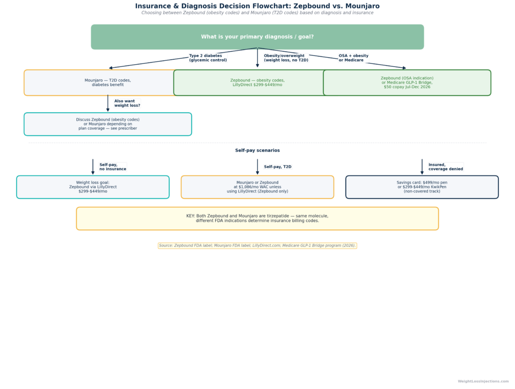 Flowchart guiding patients to choose Zepbound or Mounjaro based on primary diagnosis, insurance type, and access to LillyDirect pricing, including Medicare GLP-1 Bridge eligibility.