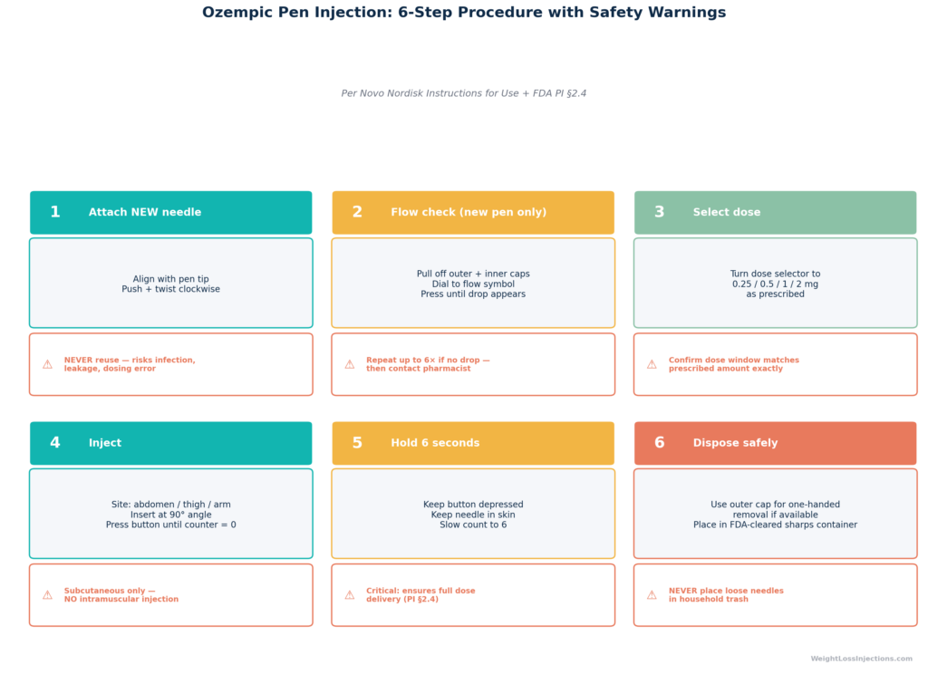 Six-step illustrated flowchart showing Ozempic pen needle attachment, flow check, dose selection, 90-degree subcutaneous injection, 6-second hold, and sharps container disposal, with FDA PI warning callouts at each critical step.