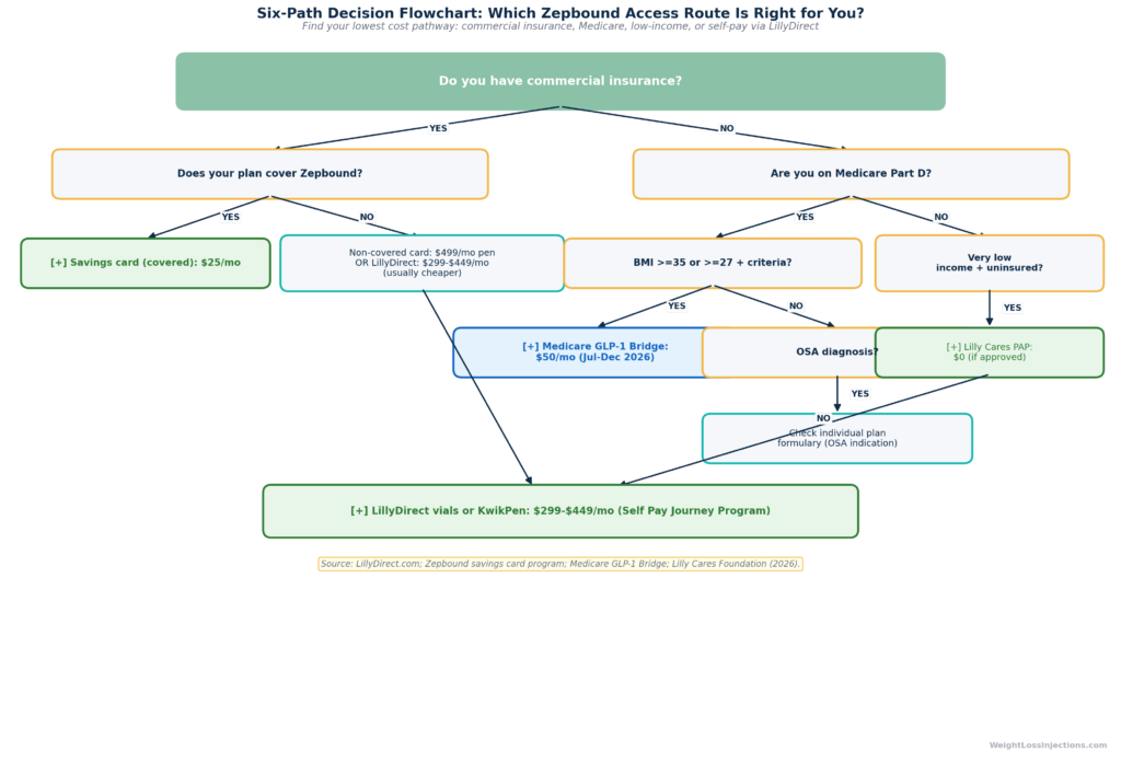 Decision flowchart for finding the lowest Zepbound access cost without standard insurance coverage in 2026, branching by insurance status, Medicare enrollment, BMI criteria, and income