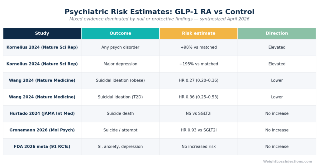 ata table summarizing psychiatric hazard ratios from seven studies of GLP-1 receptor agonists versus control groups, showing mixed findings dominated by null or protective results.