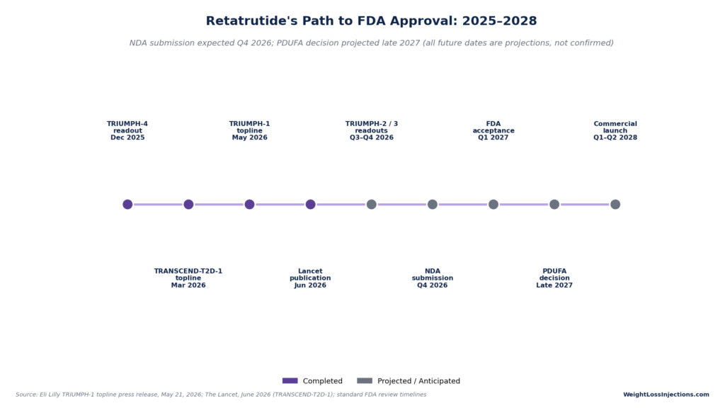 Timeline graphic showing Retatrutide’s regulatory approval milestones from 2025 to 2028, tracking progress from completed trial readouts to projected commercial launch.