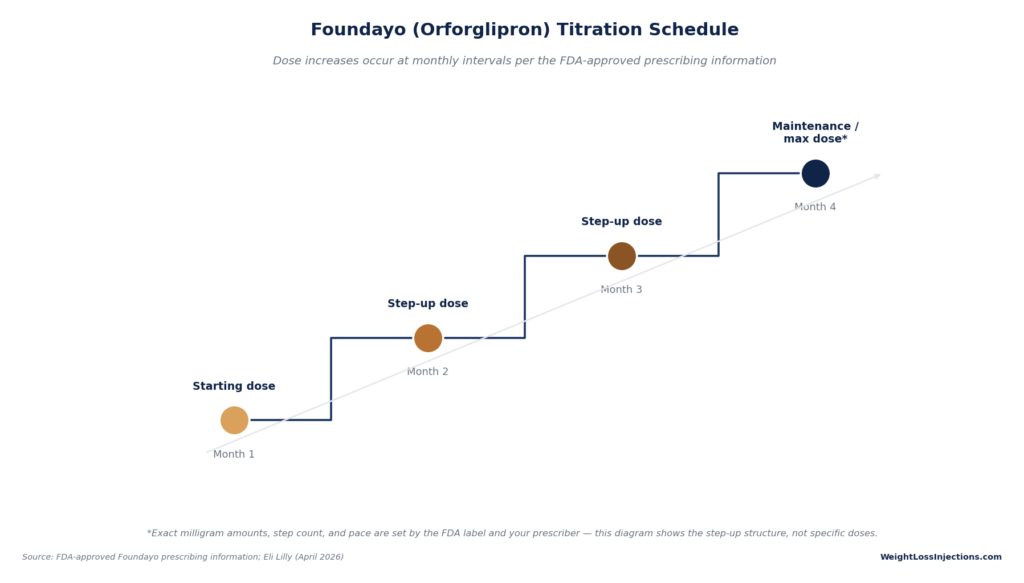 Step diagram titled "Foundayo (Orforglipron) Titration Schedule" showing monthly dose increases from starting dose in Month 1, two step-up doses in Months 2 and 3, to the maintenance or maximum dose in Month 4.