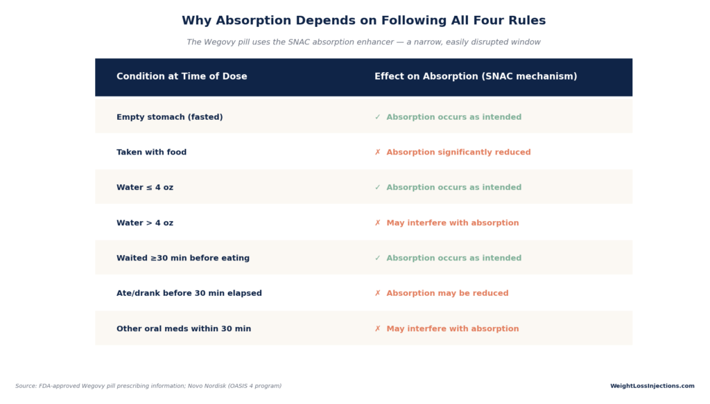 Table titled "Why Absorption Depends on Following All Four Rules" comparing proper dosing conditions with actions that reduce drug absorption.