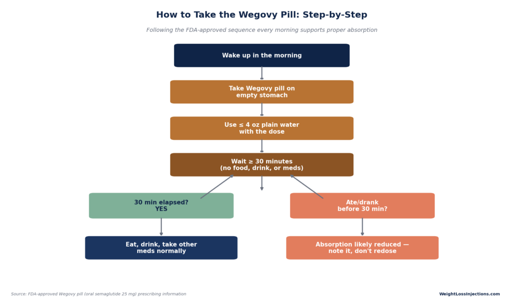 Flowchart titled "How to Take the Wegovy Pill: Step-by-Step" mapping morning dosing rules and highlighting reduced absorption outcomes if the 30-minute wait time is missed.
