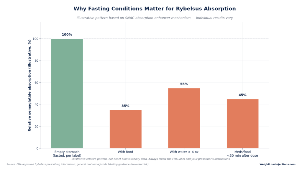 Bar chart titled "Why Fasting Conditions Matter for Rybelsus Absorption" illustrating optimal 100% semaglutide absorption on an empty stomach compared to lower absorption rates when taken with food, excess water, or without waiting 30 minutes.