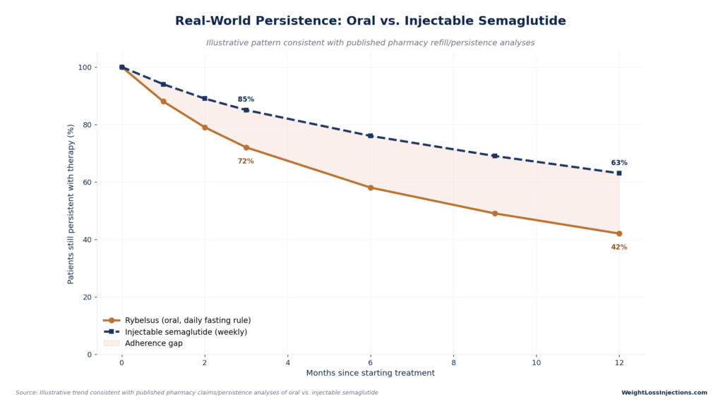 Line graph illustrating real-world treatment persistence over 12 months, showing higher adherence for weekly injectable semaglutide (63%) compared to daily oral Rybelsus with fasting rules (42%).