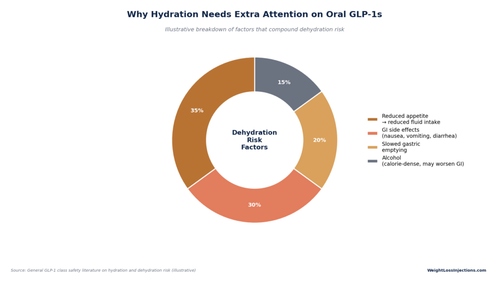 Donut chart breaking down dehydration risk factors on oral GLP-1s, highlighting reduced appetite (35%) and GI side effects (30%) as primary contributors.