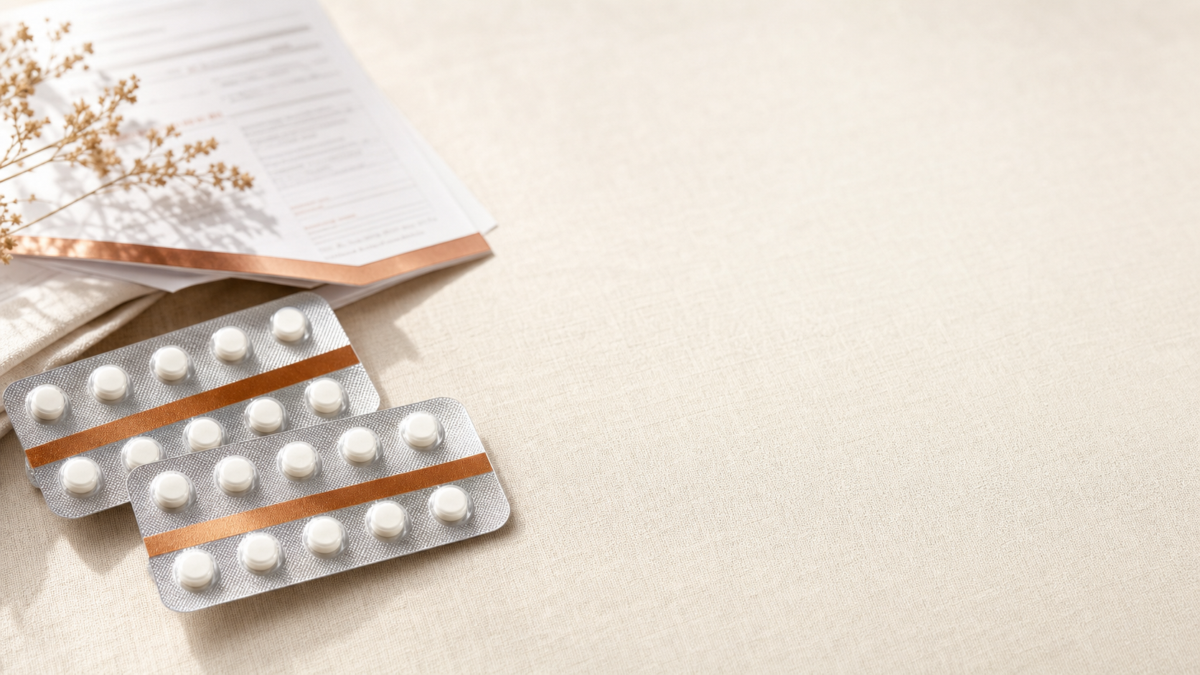 Two blister packs containing round white pills resting on a light neutral surface beside printed insurance or prescription paperwork and dried floral accents under soft sunlight.