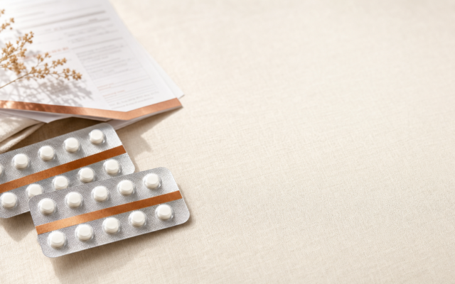 Two blister packs containing round white pills resting on a light neutral surface beside printed insurance or prescription paperwork and dried floral accents under soft sunlight.