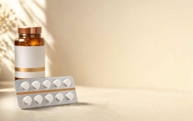 Silver blister pack with white round pills standing upright next to an amber pill bottle under soft, warm lighting.