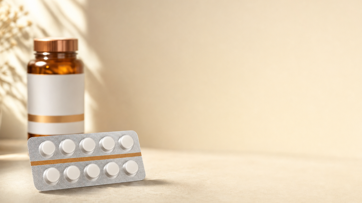 A blister pack containing ten white round tablets positioned in front of an amber glass pill bottle with a blank white and gold label, set against a warm, neutral backdrop with soft botanical shadows.