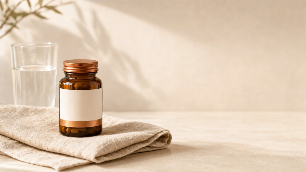 An amber glass pill bottle with a blank label resting on a folded linen napkin, next to a clear glass of water on a light, warm surface with soft leaf shadows.