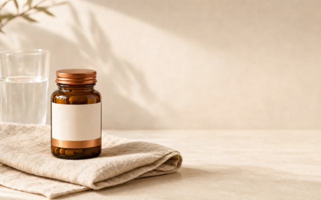 An amber glass pill bottle with a blank label resting on a folded linen napkin, next to a clear glass of water on a light, warm surface with soft leaf shadows.