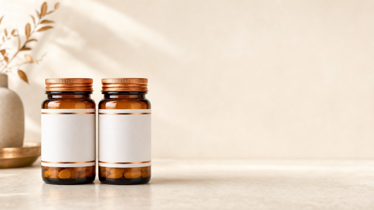 Two amber glass supplement bottles with blank white labels and metallic bronze caps, set against a warm neutral background with soft sunlight and leaf shadows.