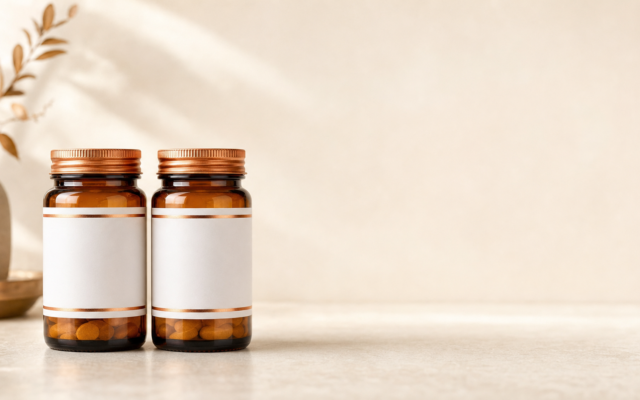 Two amber glass supplement bottles with blank white labels and metallic bronze caps, set against a warm neutral background with soft sunlight and leaf shadows.
