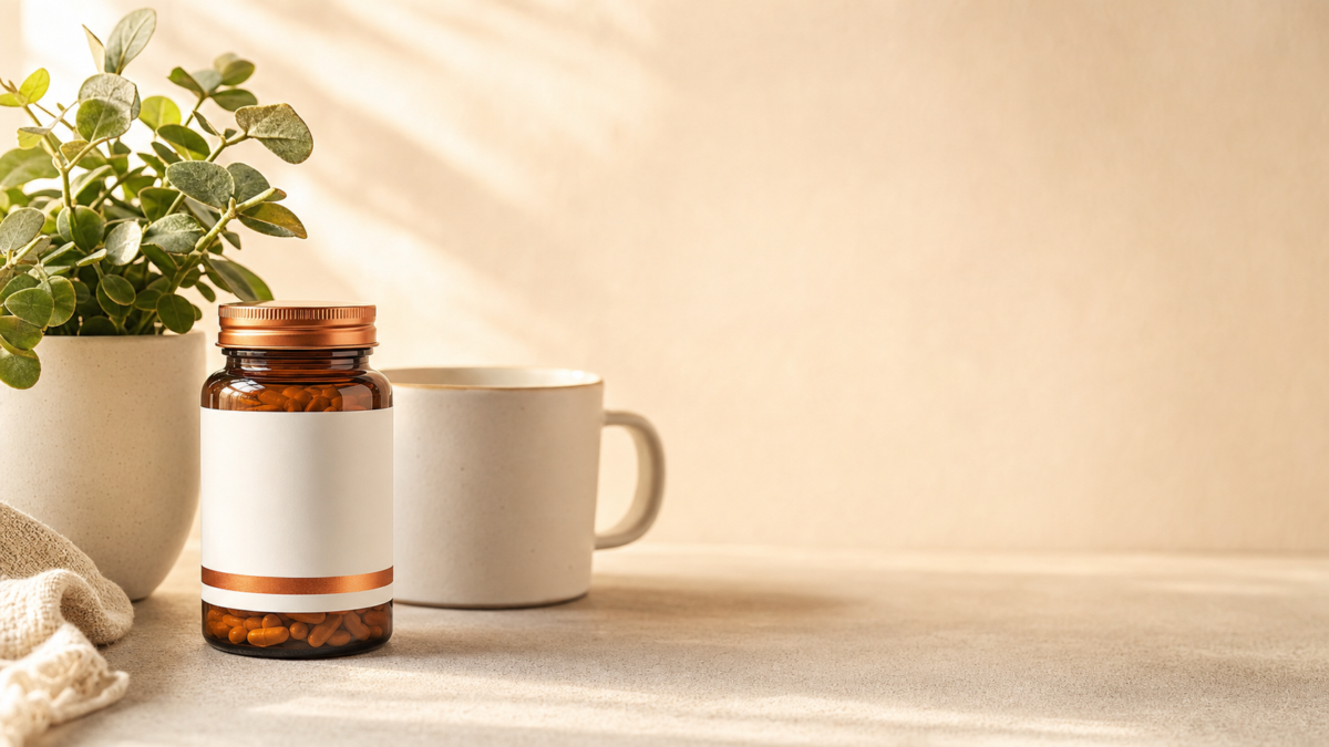 Brown bottle of oral GLP-1 medication capsules on a table beside a coffee mug and potted plant in a bright, minimalist setting.