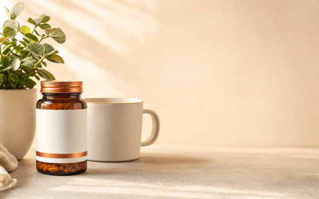 Brown bottle of oral GLP-1 medication capsules on a table beside a coffee mug and potted plant in a bright, minimalist setting.