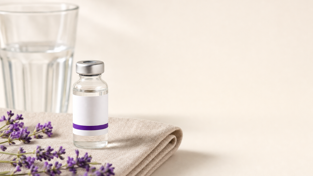 A clear glass vial with a silver cap and a white label with a purple stripe is placed on a beige fabric. It is surrounded by sprigs of fresh lavender. A glass of water is blurred in the background.