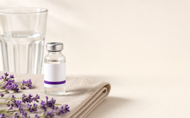 A clear glass vial with a silver cap and a white label with a purple stripe is placed on a beige fabric. It is surrounded by sprigs of fresh lavender. A glass of water is blurred in the background.