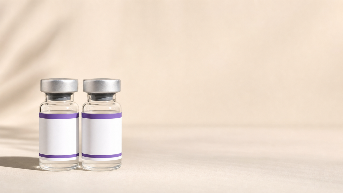 Two small glass medication vials with silver caps and blank white labels featuring purple borders, sitting side by side on a neutral beige surface.