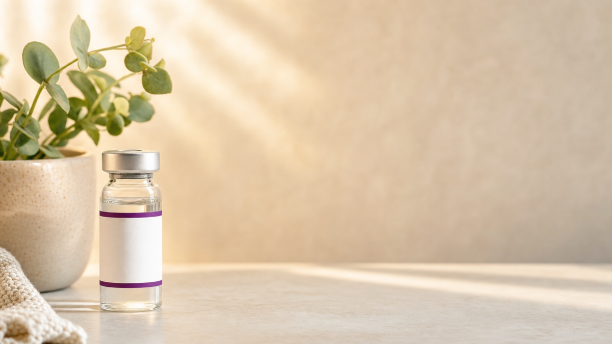 Clear glass medication vial with a blank white and purple label sitting on a bright counter next to a potted green plant.