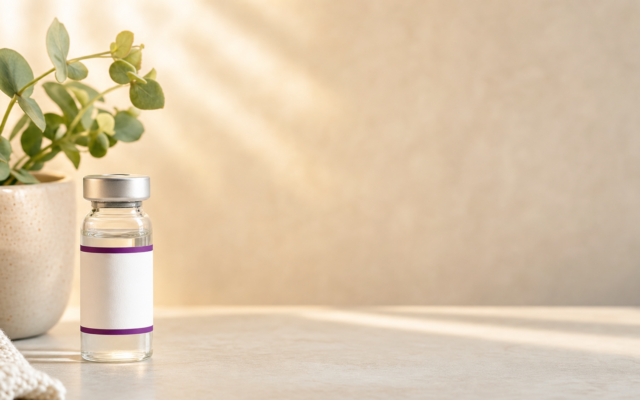 Clear glass medication vial with a blank white and purple label sitting on a bright counter next to a potted green plant.