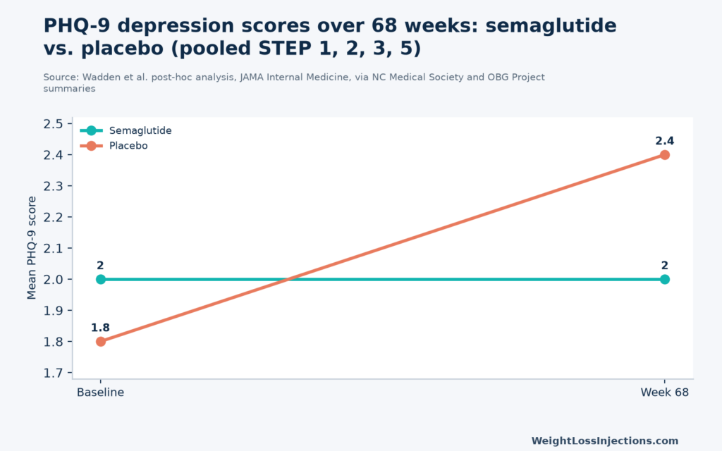 Line chart showing PHQ-9 depression score changes over 68 weeks for semaglutide versus placebo groups in the STEP 1, 2, 3, and 5 trials