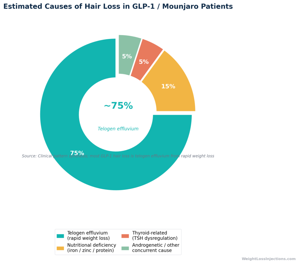 Pie/donut chart showing estimated causes of hair loss in GLP-1 medication patients. Telogen effluvium from rapid weight