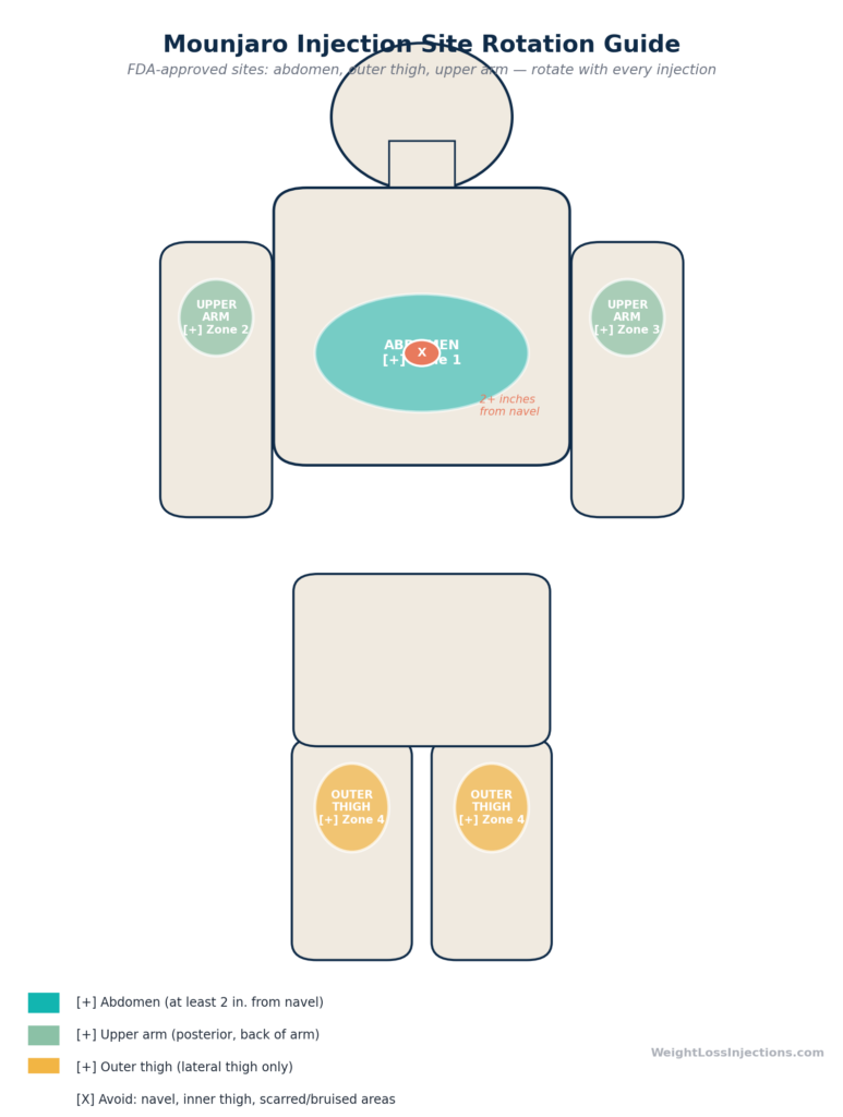 Body silhouette diagram showing the three approved Mounjaro injection zones (abdomen in green, outer thighs in green, po
