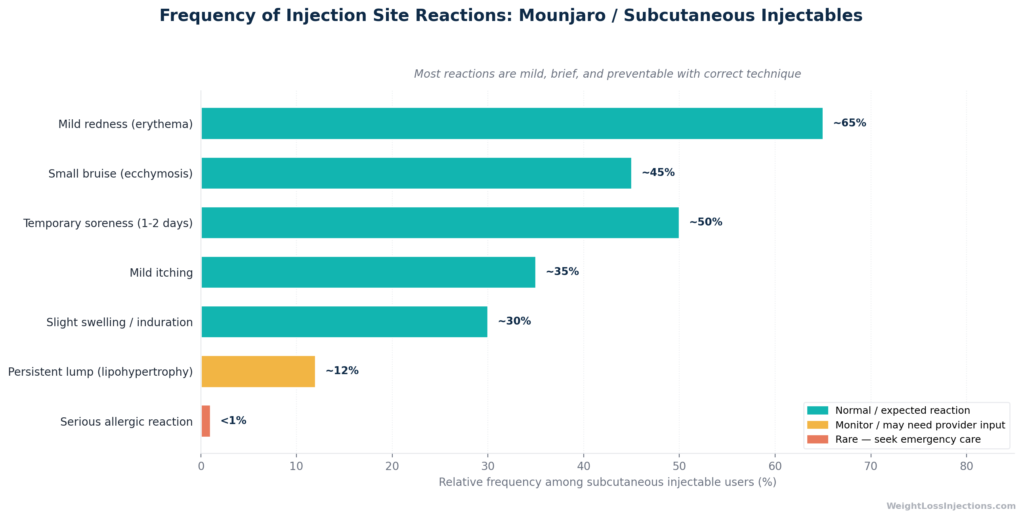 Horizontal bar chart showing relative frequency of different Mounjaro injection site reaction types