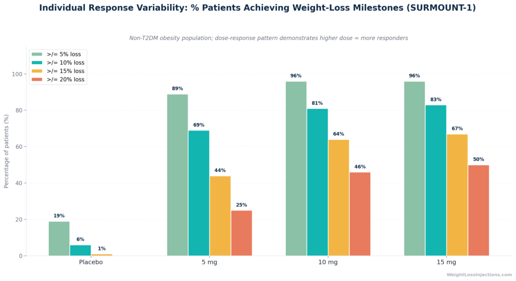 Horizontal bar chart comparing weight loss results for Mounjaro/tirzepatide 15 mg SURMOUNT-1 (−22.4%), Wegovy/semaglutid