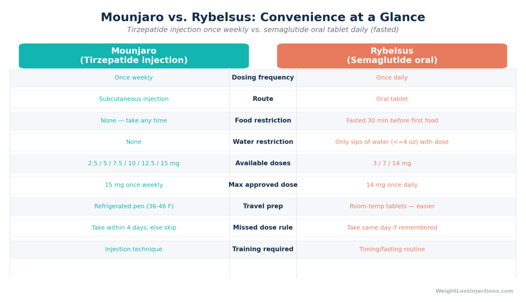 Side-by-side comparison of Mounjaro KwikPen auto-injector and Rybelsus oral tablet on a clean white background illu