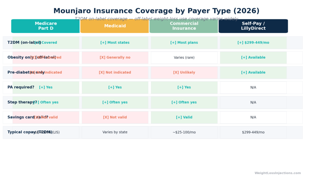 Horizontal decision flowchart showing Mounjaro coverage pathway